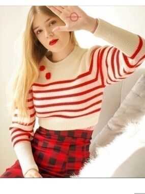 ZARA Red & White Breton Striped Cropped Sweater Large